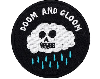Doom and gloom patch. Rain cloud embroidered patch. Gloomy skull clouds badge. Storm anxiety patch.