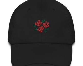 Rose embroidered dad cap. Black baseball hat with roses design. Floral unstructured cap.
