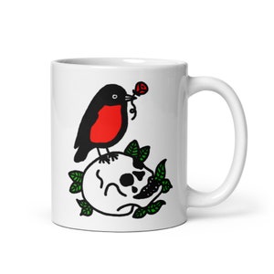 Red Robin & Skull Ceramic Mug - Unique Bird and Rose Illustration - Gothic Nature Inspired Coffee Cu