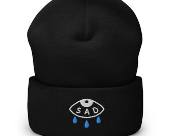 Sad beanie. Crying eye beanie. Depression winter hat. Emotional support cap.