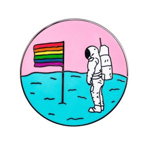 Queer Moon Pin. Rainbow pride flag astronaut enamel pin. LGBT LGBTQ Gay Trans