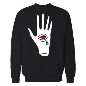 Crying third eye in hand crewneck sweatshirt. Strange occult teardrop palm illuminati sweatshirt.