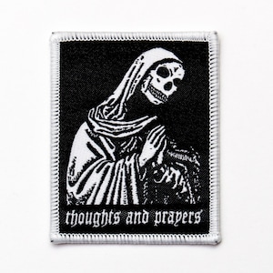Thoughts and prayers iron on patch. Woven embroidered patch. Skull prayer hands badge.