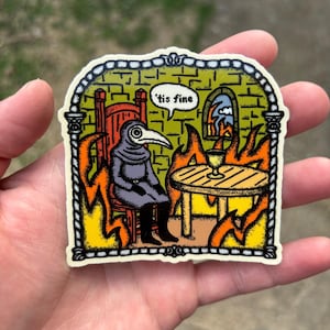 Dit is een fijne sticker. Dit is een fijne meme-parodiesticker. Middeleeuwse pestdokter in kasteelsticker.