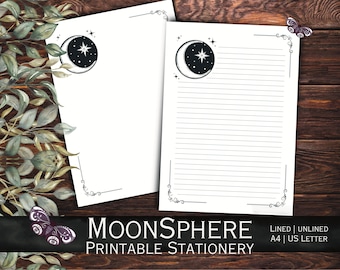 MoonSphere - Printable Stationery for letter writing, list making, handwriting practice, journaling paper.  Celestial moon & star Design.