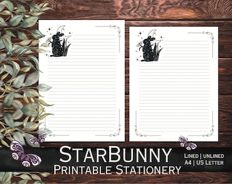 StarBunny - Printable Stationery for letter writing, list making, handwriting practice, journaling paper & more! Celestial bunny design.