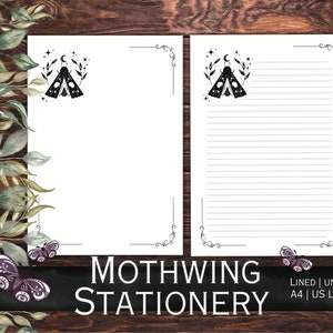 May include: Two printable stationery sheets featuring a black and white mothwing design with a crescent moon and stars. The text "MOTHWING STATIONERY" is at the bottom of the image. The sheets are available in lined and unlined options in A4 and US Letter sizes.