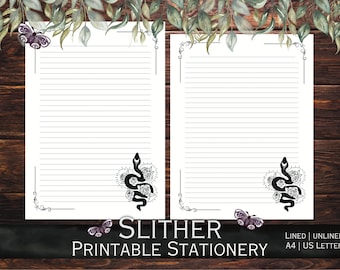 Slither - Printable Stationery for letter writing, list making, handwriting practice, journaling and more! Celestial Snake & Roses Design.