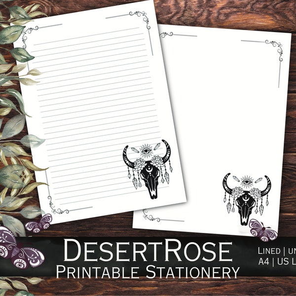 DesertRose - Printable Stationery for letter writing, list making, handwriting practice, journaling paper & more! Desert witch skull design.