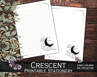 Könnte beinhalten: Druckbare Briefpapier mit einem Design aus Halbmond und Wolken. Das Papier ist liniert und in den Formaten A4 und US Letter erhältlich. Der Text auf dem Bild lautet "Crescent Printable Stationery Lined | Unlined A4 | US Letter".