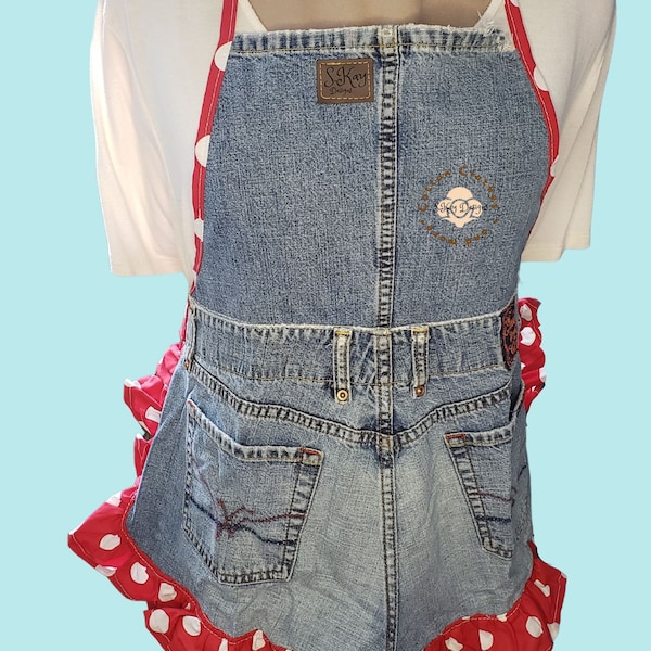 Red Dots, Adult Recycled/Repurposed Jean Full Apron, Country Girl Apron, Farm Girl Apron, Ruffled Apron, Western, Cowgirl, Handcrafted