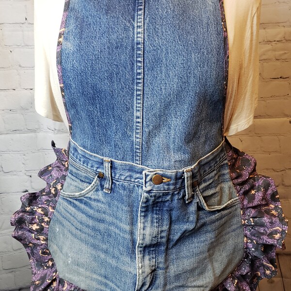 Wednesday Addams, Adult Recycled/Repurposed Jean Full Apron Country Girl Apron Farm Girl Apron Ruffled Apron Western Cowgirl Handcrafted