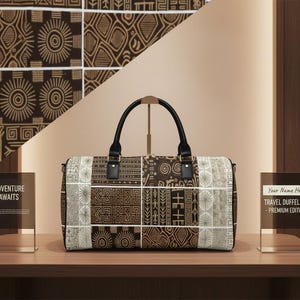 May include: A rectangular travel duffel bag with a geometric pattern in shades of brown and white, featuring black handles. The bag is displayed on a wooden surface with signs that read "Adventure Awaits" and "Travel Duffel Bag - Premium Edition."