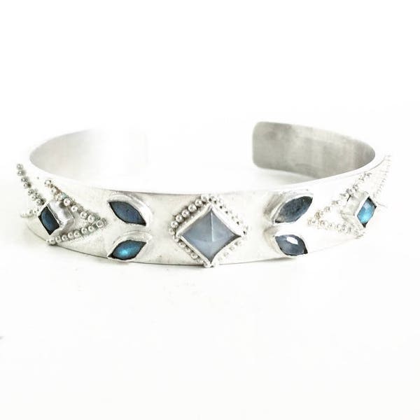 Bohemian Inspired Brushed Sterling Silver and Gemstone Cuff