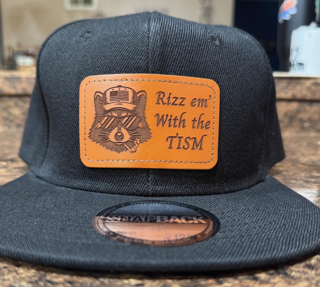 Rizz Em' Raccoon Laser Engraved Leather Patch Adjustable Snapback Hat ...