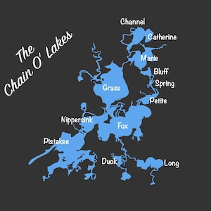 May include: A map of the Chain O' Lakes in blue against a dark gray background. The map includes the names of the lakes: Channel, Catherine, Marie, Bluff, Spring, Petite, Grass, Nippersink, Fox, Pistakee, Duck, and Long.