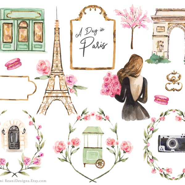 When in Paris Clipart for personal and commercial use - Eiffel Tower, Parisian Cafe, Croissant, Arch de Triumph, Macarons,French Camera Rose