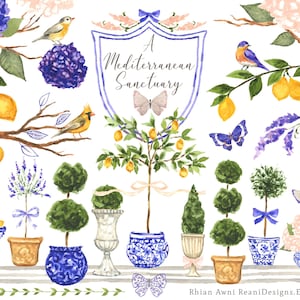 Chinoiserie Topiaries Clip Art - Aquarel Hortensia, Digitaal Papier, Party Planner Stickers, Crest, Card Frame, Citroenboom, Kardinaal Vogels