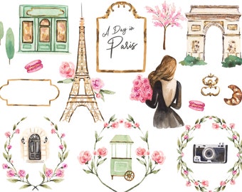 When in Paris Clipart for personal and commercial use - Eiffel Tower, Parisian Cafe, Croissant, Arch de Triumph, Macarons,French Camera Rose