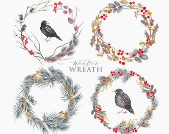 Eucalyptus Wreath Clipart -  Fall Season, Autumn Leaves, Watercolor Winter Botanical Greenery, Holly Berry, Raven, Black Bird PNG Graphic