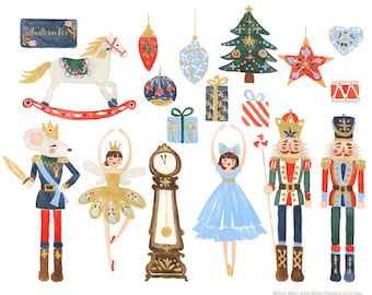 Nutcracker Clip Art for personal and commercial use - Christmas Watercolor Holiday Clipart Ballet Rocking Horse Sugar Plum Fairy Russian