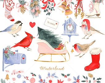 Watercolor Holiday Clip Art for personal and commercial use -Christmas,Santa Sleigh,Bird House,Ice Skating ,Robin,Holly Ivy,Red Cardinal