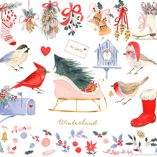 Watercolor Holiday Clip Art for personal and commercial use -Christmas,Santa Sleigh,Bird House,Ice Skating ,Robin,Holly Ivy,Red Cardinal
