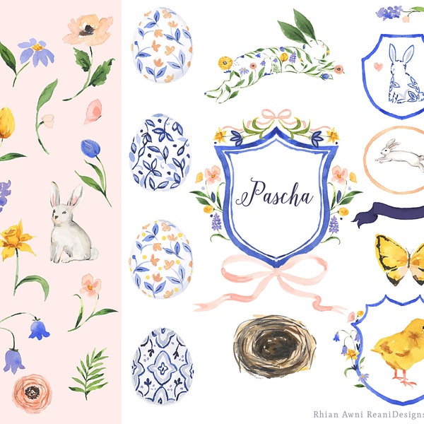 Easter Holiday Clipart for personal and commercial use - Chick,Nest,Rabbit,Crest,Decorated Eggs,Spring Flowers,Poppy Tulip Pansy Daffodil