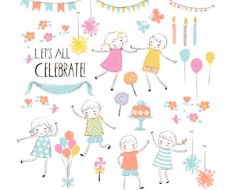 Birthday Party Clipart Kids Children personal and commercial use - Clip Art Cake Candy Pom Pom Banner Balloons Flowers Candles
