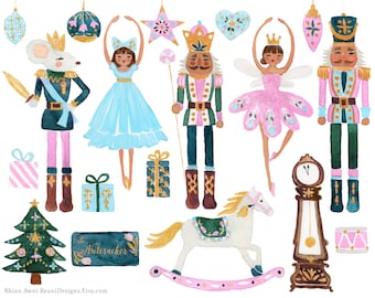 Nutcracker Clip Art for personal and commercial use - Brown Dark Skin Patel Pink Christmas Watercolor Holiday Ballet Sugar Plum Fairy