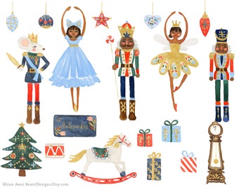 Nutcracker Clip Art for personal and commercial use - Brown African Christmas Watercolor Holiday Ballet Rocking Horse Sugar Plum Fairy Afro