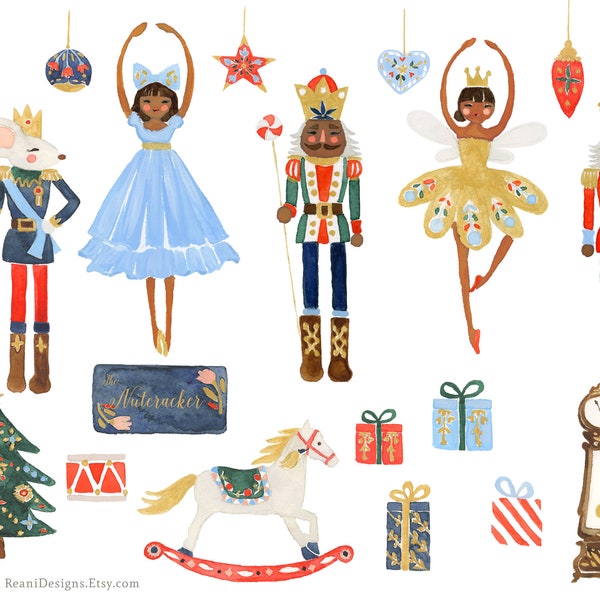 Nutcracker Clip Art for personal and commercial use - Brown African Christmas Watercolor Holiday Ballet Rocking Horse Sugar Plum Fairy Afro