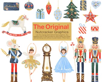 Könnte beinhalten: Aquarellillustrationen mit Nussknacker-Motiven. Enthält ein Schaukelpferd, Ornamente, einen Weihnachtsbaum, Geschenkboxen, eine Maus-Soldaten, eine Ballerina, eine Standuhr, einen Nussknacker und den Text "The Original Nutcracker Graphics."