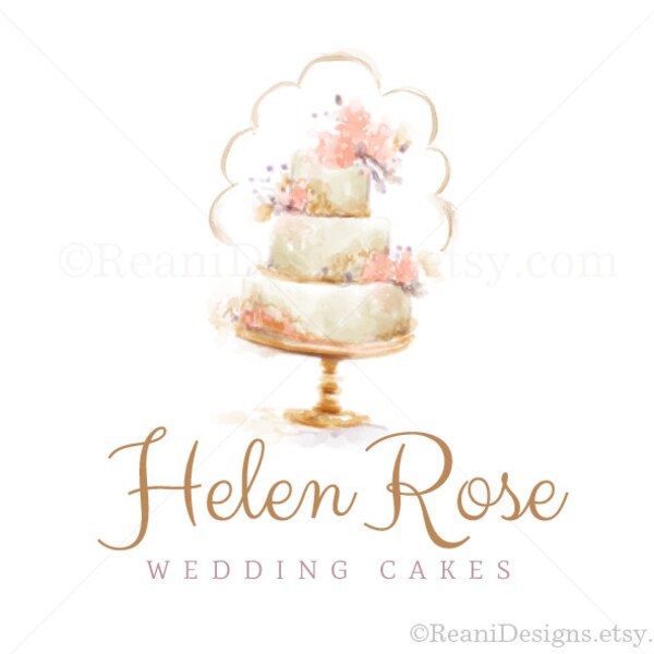 Watercolor Logo Design-  Premade Hand Drawn Organic Flower Rose Peony Tiered Cake Wedding Bakery Shop