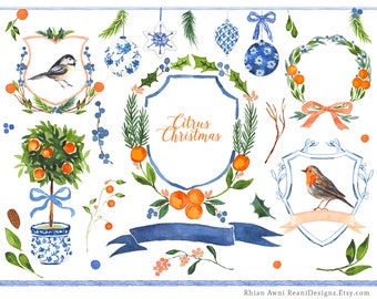 Holiday Watercolor Clip Art - Blue and White, Citrus Orange, Greek Style, Christmas Clipart, Robin, Chickadee, Planner Stickers,Crest Emblem
