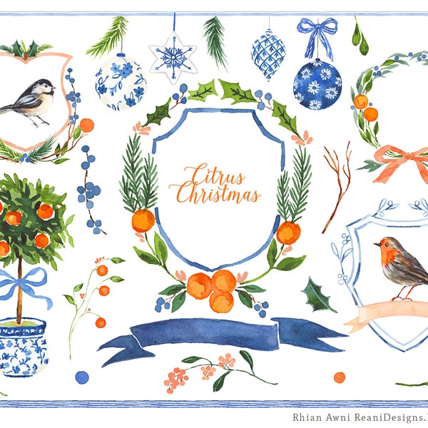Holiday Watercolor Clip Art - Blue and White, Citrus Orange, Greek Style, Christmas Clipart, Robin, Chickadee, Planner Stickers,Crest Emblem