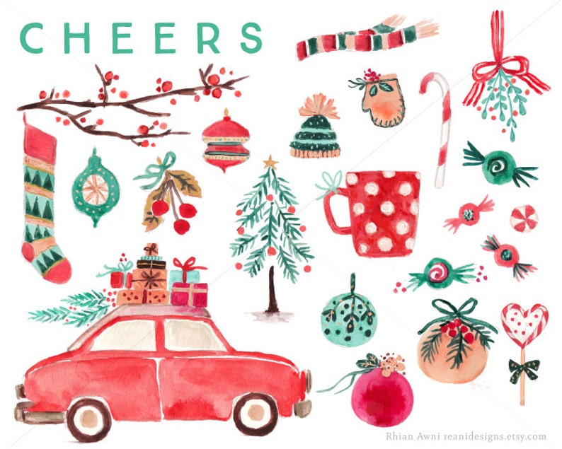 Watercolor Christmas Clip Art for personal and commercial use Vintage Car Tree Branch Decor Sock Candy Mitten Hat Scarf Lollipop image 1