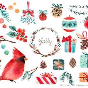 Watercolor Holiday Christmas Clip Art - Tree Branch Balls Ornaments Red Cardinal Gifts Pine Cone Holly Berry Mistletoe Wreath