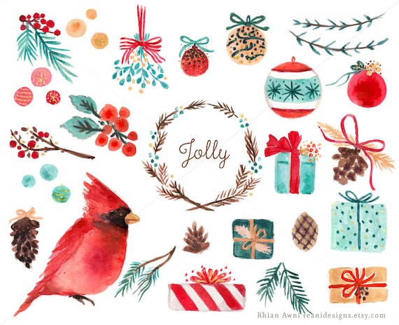 Watercolor Holiday Christmas Clip Art Tree Branch Balls | Etsy