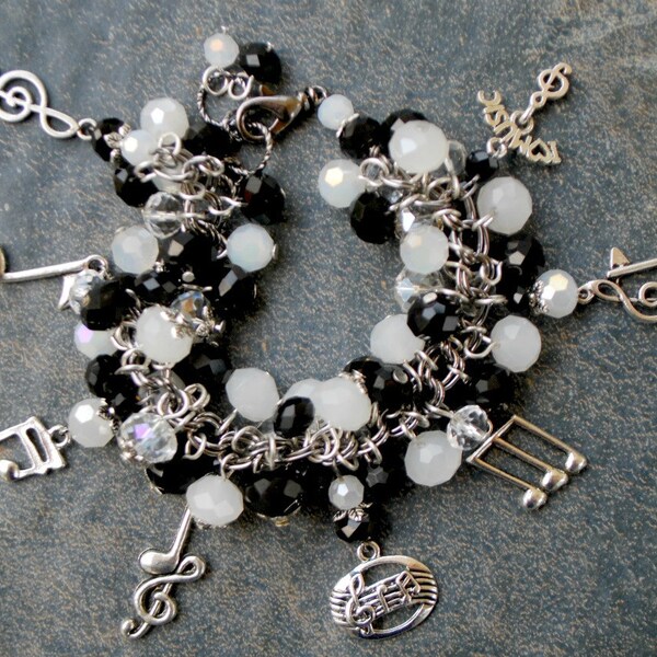 Silver Music Charm Bracelet Handmade Chunky Black Gunmetal White Crystal Notes