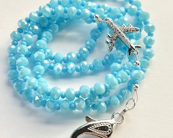 Baby Blue Beaded Airplane ID Lanyard, Flight Attendant Jewelry