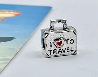 Suitcase Charm, Travel Charm, Luggage Charm, I Love to Travel, large hole Charm, European Bracelet Charms, Travel Gift, Gift for Travel