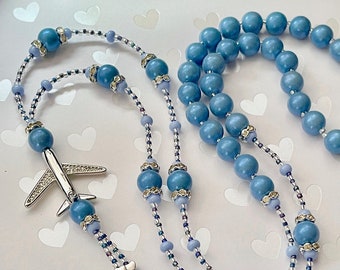 Soft Blue Pearl Airplane ID Lanyard (Flight Crew Jewelry, Airplane Jewelry, Beaded ID Lanyard, with Airplane bead, Pretty Lanyards, Pilot)