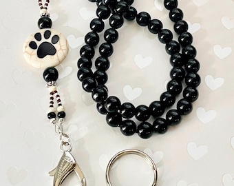 Black Pearl and Paw ID Lanyard (Pet Lover, Dog Paw, Cat Paw, Beaded Lanyard, Cat Lady, Dog Mom, Gift for Her, Cute Lanyards, Black Pearls)