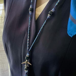 Blue Disco Airplane ID Necklace (Blue ID Lanyard with Airplane, Crew Gifts, Pilot Lanyard, Flight Attendant Badge Hook, Beaded Id Lanyard)