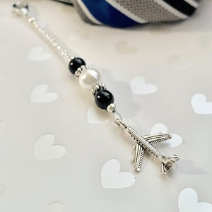 Airplane Zipper Pull, White Pearl & Black Beads, Flight Attendant Gift