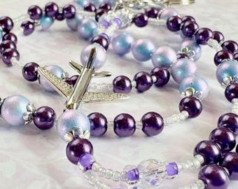 Periwinkle & Purple Beaded ID Lanyard, Flight Crew Airplane Jewelry
