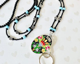 Secret Garden ID Lanyard (Flower Lanyard, Beaded ID Lanyard, Flower Pendant, Necklace with Hook, Beautiful Gift Ideas, Office Gift, for Mom)