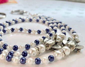 Short Airplane ID Lanyard (Blue Pearls, White Pearls, ID Lanyard, with Airplanes, Flight Attendant ID, Stewardess Gift, White Pearl Lanyard)