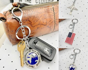 Travel Themed Key Chain (American Flag, Globe, Airplane, Key Charms, Gift Ideas, Small Gift, USA, Unisex Gift, for Him, Gift for Pilot, ID)